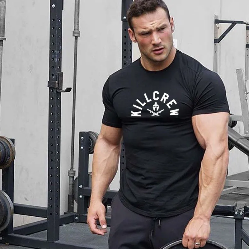 Новинка 2019 футболка для бега Мужская одежда фитнеса с круглым вырезом хлопковые