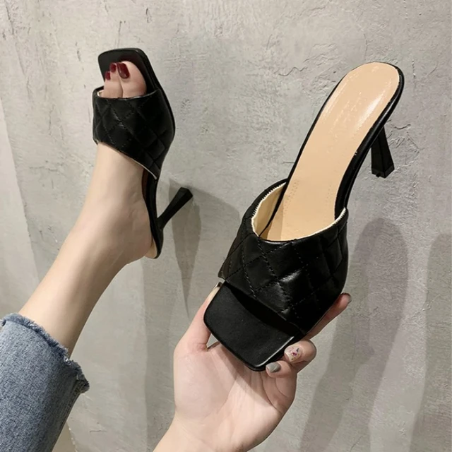 2020 Sqaure Toe Quilted Heeled Mule Black PU Leather Kitten Heel Shoes Women High heels Sandals Sliper Woman Shoes White Blue