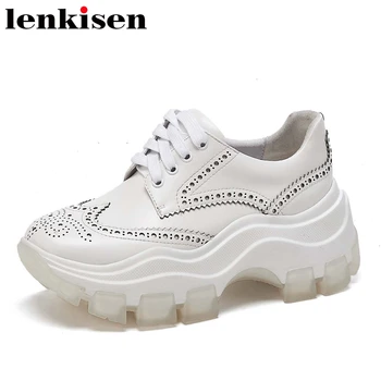 

Lenkisen 2020 European design leisure shoes genuine leather round toe high heels thick bottom carving women vulcanized shoes L20