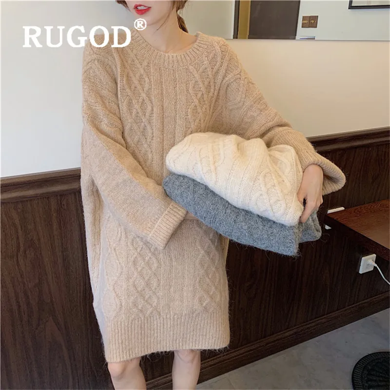 RUGOD винтажный женский свитер с крученым узором, элегантный Свободный пуловер с круглым вырезом и длинным рукавом, весенний длинный свитер большого размера для женщин