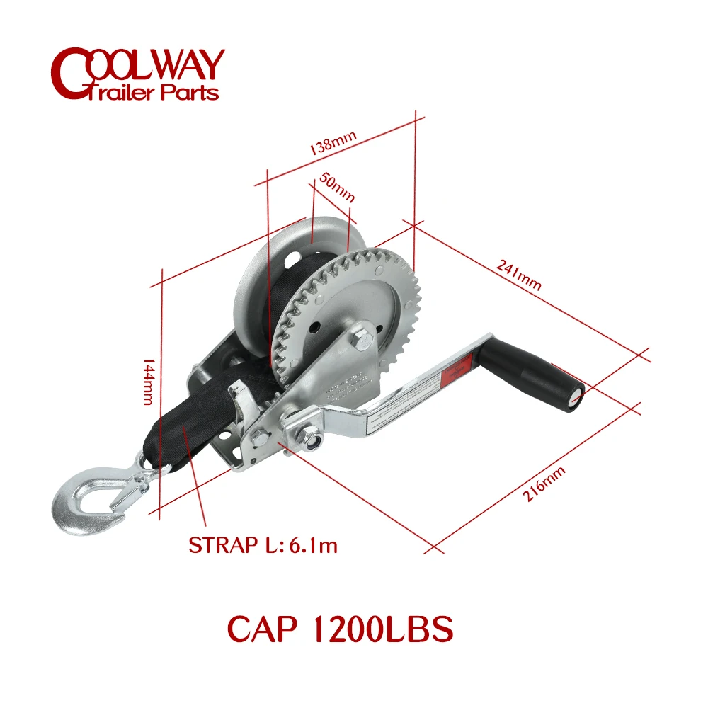 High Quality Hand Winch CAP 1200 LBS / 540 KG 6.1M Extra Long Synthetic Strap Webbing Car Boat Trailer