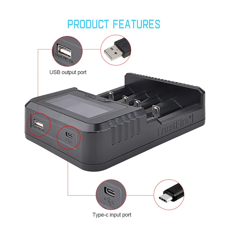 

Trustfire tr-020 QC 3.0 intelligent Quick LCD Display Charger 0V Activation Power 14500 18650 32650 Charger (No incl Battery)