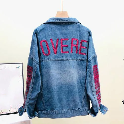 blue Neploe Autumn Fashion Women Sequine Letters Demin Coat Turn-down Collar Long Sleeve Cowboy Single Breasted Jeans Jackets 54371 - Цвет: blue