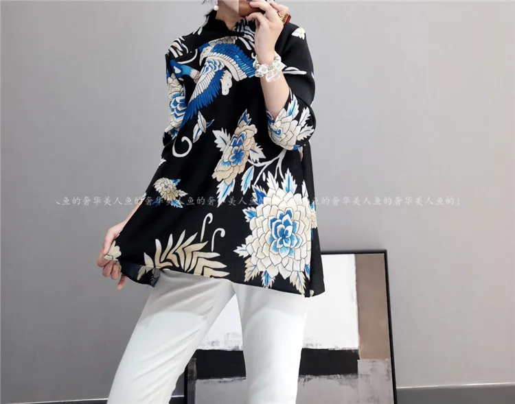 Горячая Miyake fold три четверти футболка воротник Мандарин печать футболка