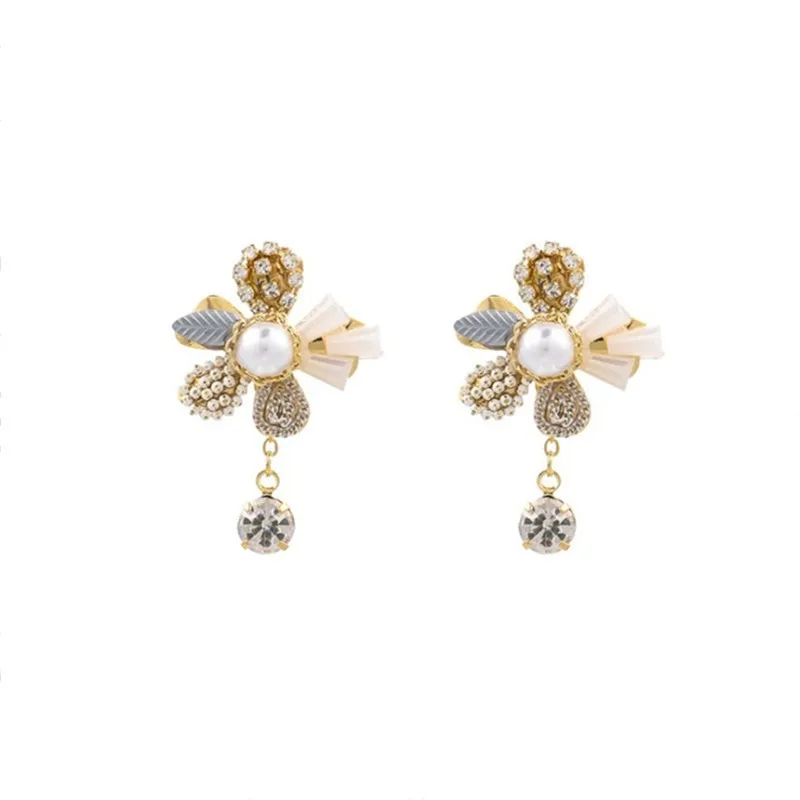 Shiny Crystal Flowers Drop Earrings Long Fresh Multilayer Pearl Earrings for Women