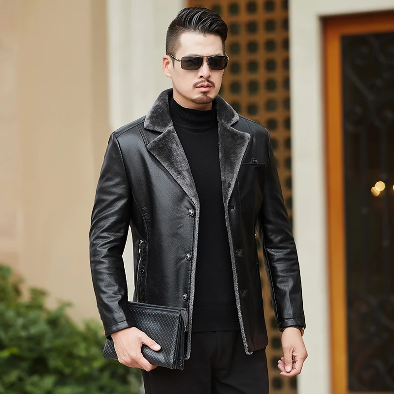

new Casual Boutique Winter Men's Genuine Leather Jackets Brand Brown Sheepskin Jacket and Coats with Fur Wool Collar Warm