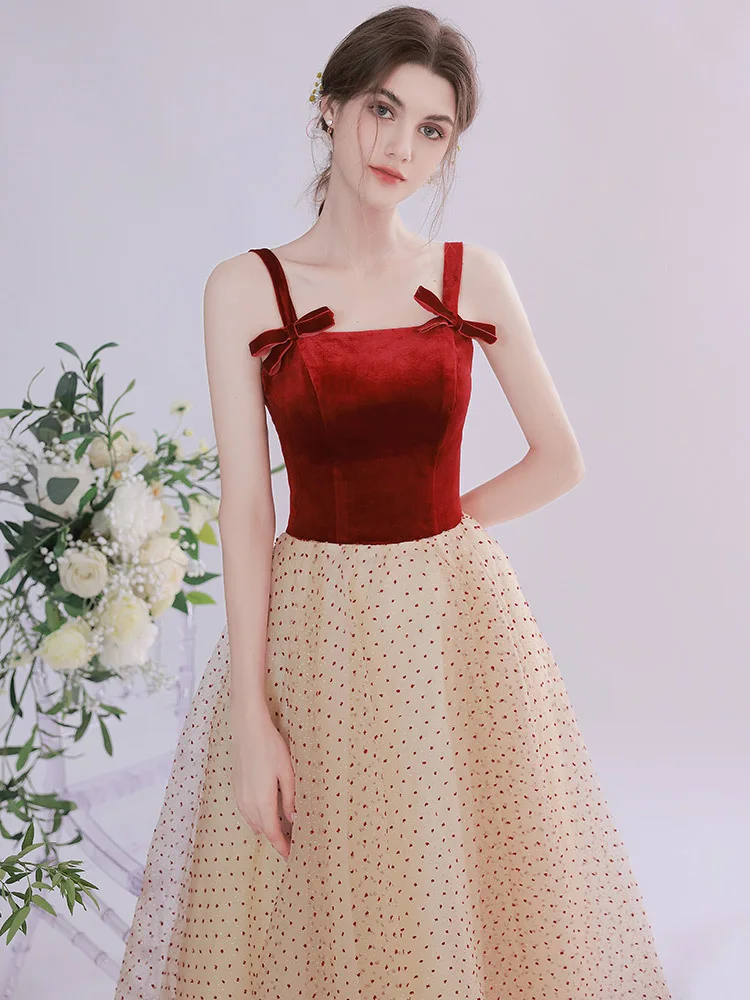

Elegant Bow Spaghetti Strap Formal Prom Dresses Boat Neck Sleeveless Backless Lace-Up Tulle Polka Dot Tea-Length Ball Gowns