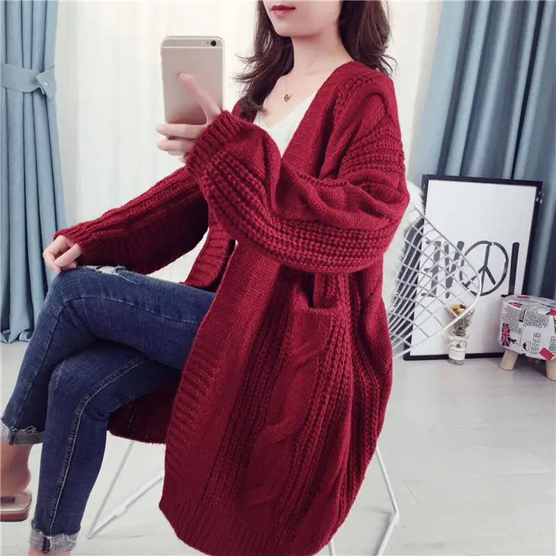 wine red Длинный Кардиган Женская куртка осень зима свитер женский плотный вязаный кардиган Femme карманы свитера куртка пальто женский C5799 - Цвет: wine red