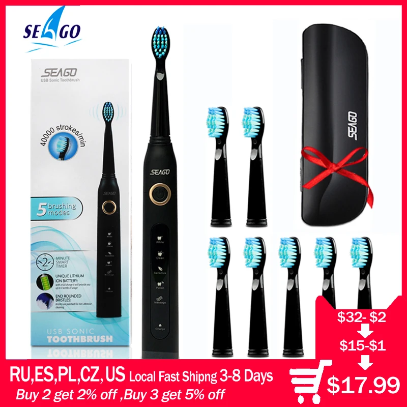 Seago Sonic brosse à dents électrique SG-507 adulte minuterie brosse 5 Mode USB chargeur Rechargeable brosses à dents remplacement têtes ensemble