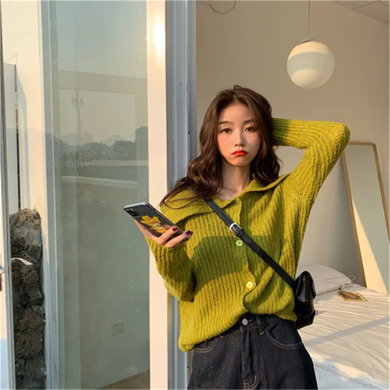 RUGOD Korean New Style Chic Middy Collar Solid Color Knitted Cardigan Long-sleeve Loose Sweater Winter Tops For Women Fashion