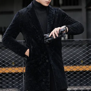 

Men's business shearling coat winter hot brand back thin real long outer wall Black Loose luxury outer coat