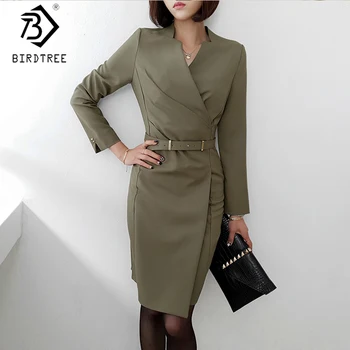 

2019 Autumn New Arrival Women's Solid Blazer OL Dress With Belt Full Sleeve V-Neck Slim Winter Dress Office Lady D90001K