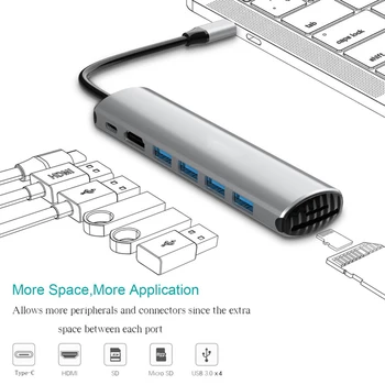 

USB C Hub 8 In 1 Portable Aluminum Alloy Hub With USB C Charging USB Compatible For More Type C Devices Adapter Cable KQS8