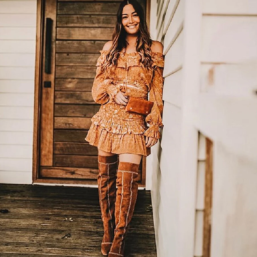 

AYUALIN 2pcs mini dresses for women rayon floral print Autumn dresses Gypsy Dresses long sleeve off shoulder boho dress Vestidos