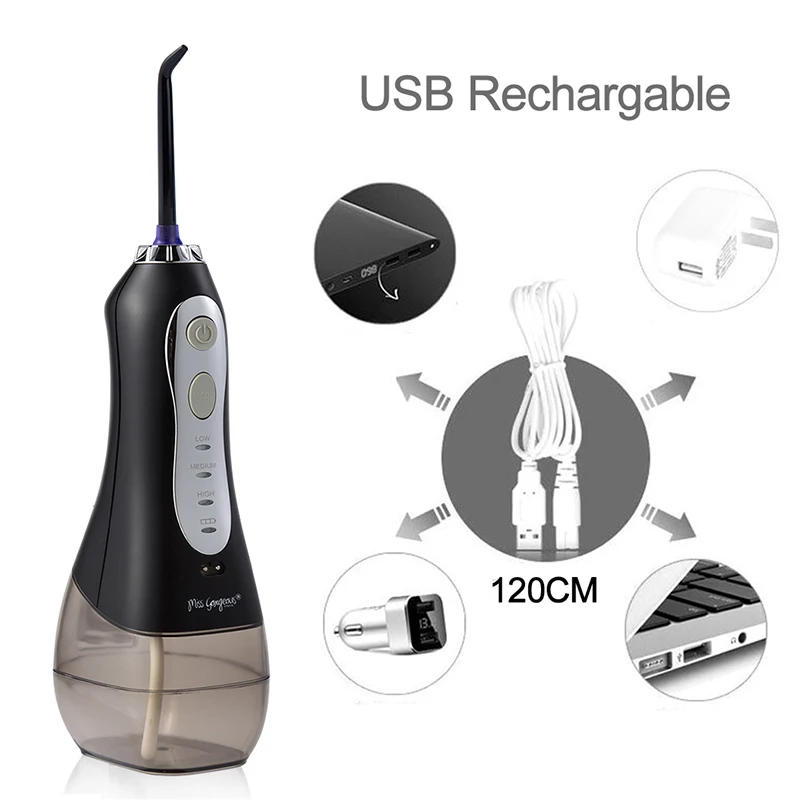 Бренд Miss Gorgeous Flosser Водонепроницаемый портативный ирригатор для полости рта черный беспроводной USB Перезаряжаемый с 7 струйными наконечниками