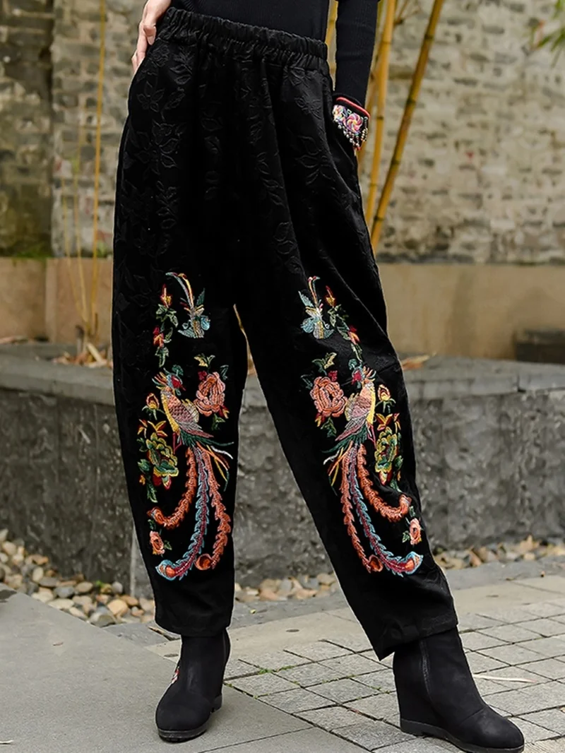 Spring Autumn Women Vintage Ethnic Wind Embroidered Harem Pants Cotton Loose Wide Leg Pants Casual Elastic Waist Trousers TA2136