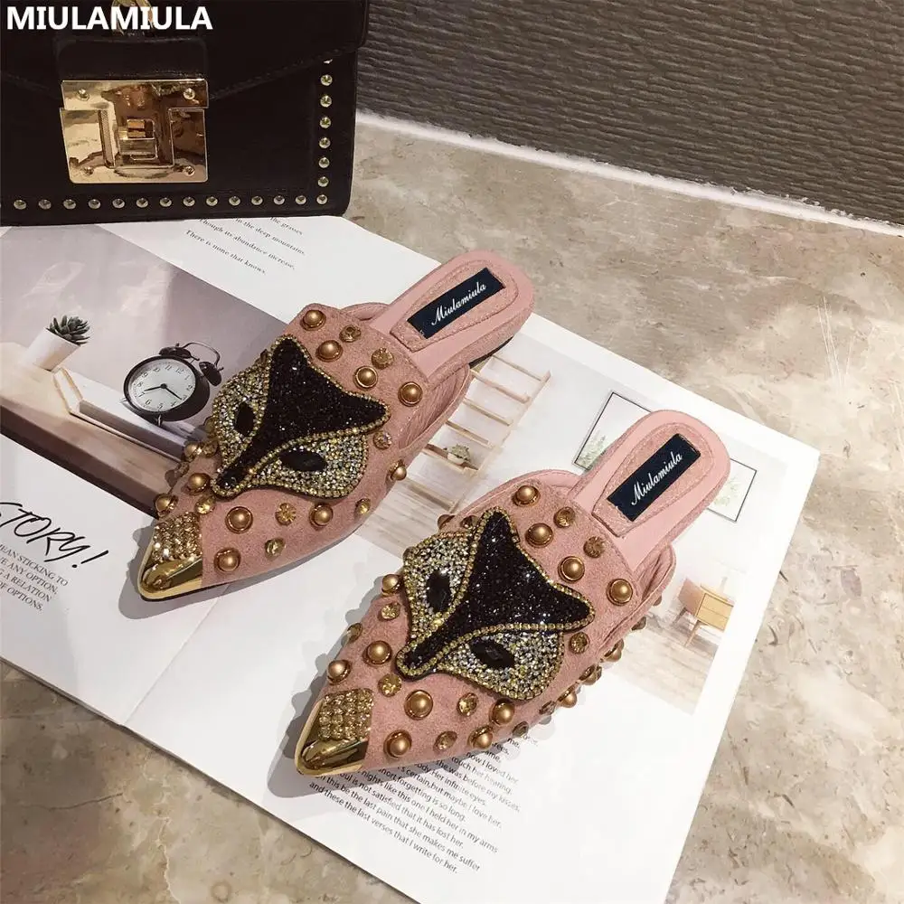 

MIULAMIULA Brand Designers 2019 Autumn New Fashion Luxury Rhinestone Rivet Slippers Slip On Loafers Mules Flip Flops Size 35-40