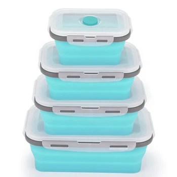 

4Pcs Set Foldable Silicone Food Lunch Box Fruit Salad Storage Food Box Container Dinnerware Conveniently Lunch Box Blue