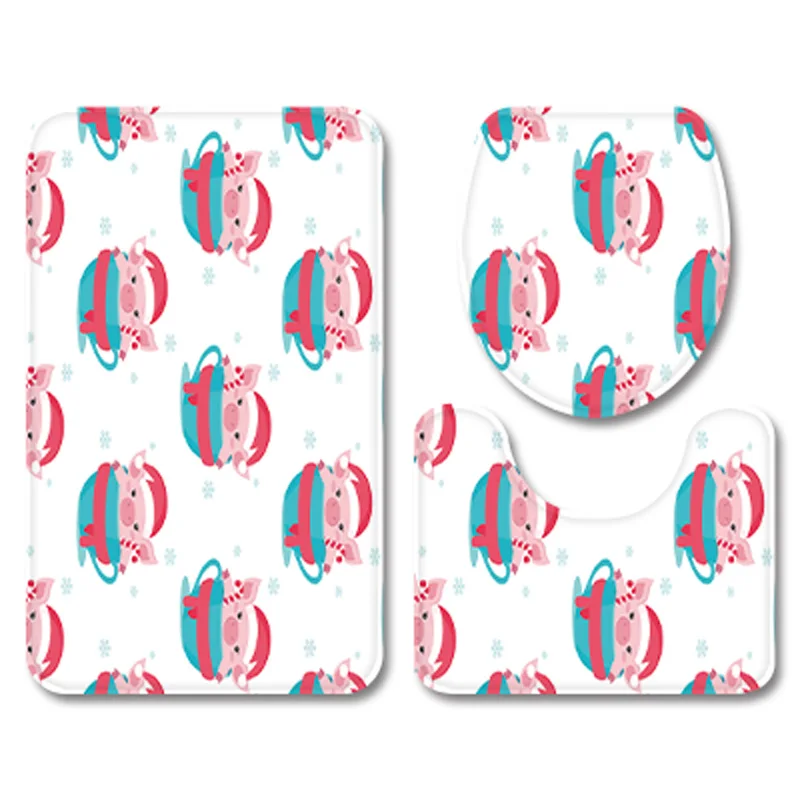 Cartoon Animals Xmas Bathroom Carpet Set Flannel Home Decor Toilet Pad Cover Bath Mat Christmas Bears Red Toilet Seat Cover Set