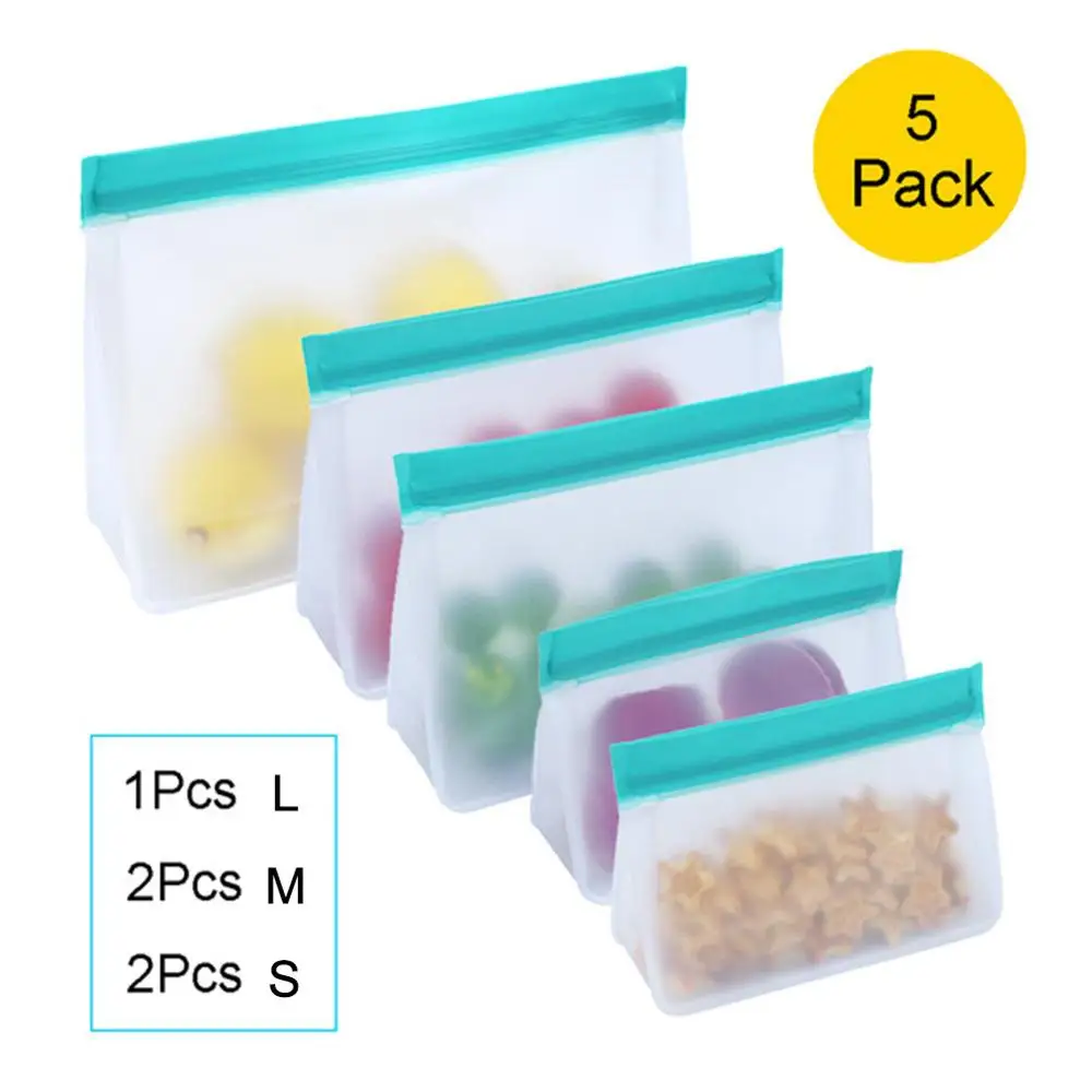 

# 5PCS Silicone Food Storage Bag Reusable Freezer Bag Zip Lock Leakproof Top Fruits Lunch Box Kitchen Use 35FP11