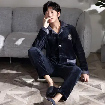 

Autumn and Winter New Thick Warm Flannel Men's Pajamas Casual Lapel Cardigan Can Be Worn Outside Sommeil Tops Pyjama Homme 2020