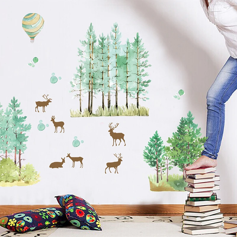 

Boys Girls Children Bedroom Home Decor Cartoon Forest Tree Branch Animal Deer Wall Stickers For Kids Rooms