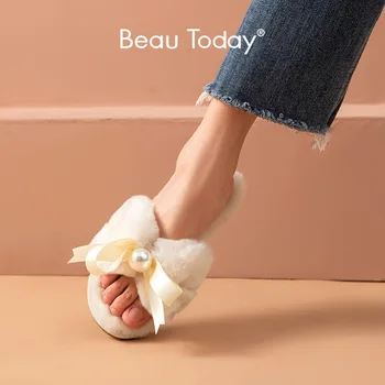 

BeauToday Women House Slipper Fur Flats Warm Wool Fur Shoes with Bowknot Pearl Slip On Ladies Outdoor Shoes Handmade 37024