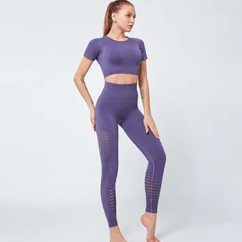 

NORMOV Solid Women Sets Fitness O Neck Short Sleeve Pullover And High Waist Push Up Trousers Suit Workout Hollow Out Sets Mujer