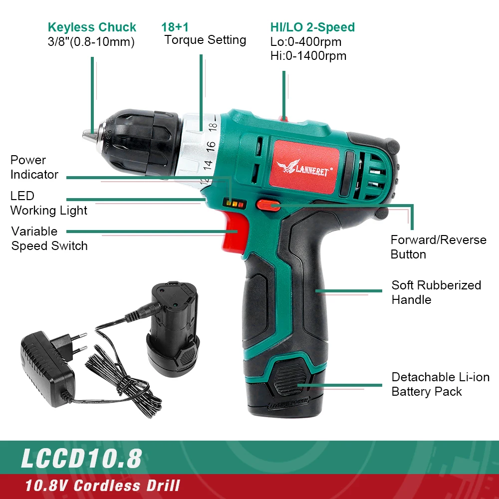  LANNERET 10.8V Electric Cordless Drill 18+1 Torque Setting 2 Speed Rechargeable Wireless Power Driv
