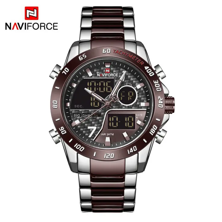 SILVER COFFEE NAVIFORCE, военные мужские кварцевые часы с двойным временем, лучший бренд, роскошные многофункциональные аналоговые цифровые часы с ЖК-дисплеем, мужские водонепроницаемые часы - Цвет: SILVER COFFEE