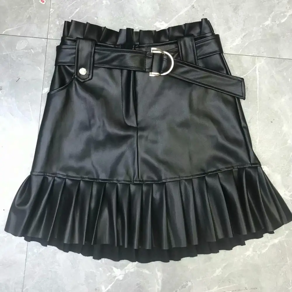 H76 black 2387 Bazaleas, зеленая плиссированная юбка из искусственной кожи с карманами, женские юбки с высокой талией, винтажные женские юбки с поясом - Цвет: H76 black 2387