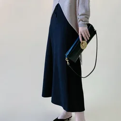 Outono e inverno novo feminino meados de comprimento drapeado engrossado saia preta highwaist a line emagrecimento temperamento lã vestido de malha