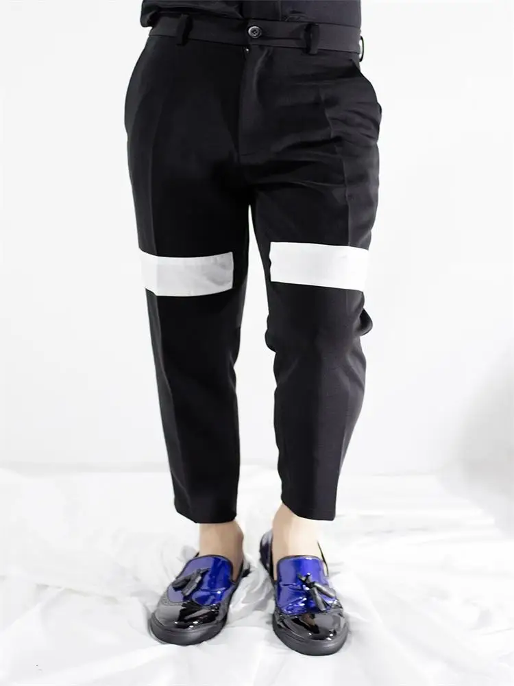 

Men's new style men's hair stylist fashion show fashion black and white stitching slim large size pants