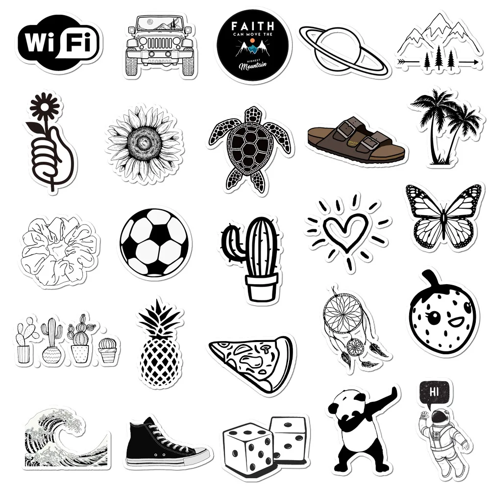 50 Pcs Black and white Cartoon Laptop Suitcase waterproof Sticker Notebook Decal 