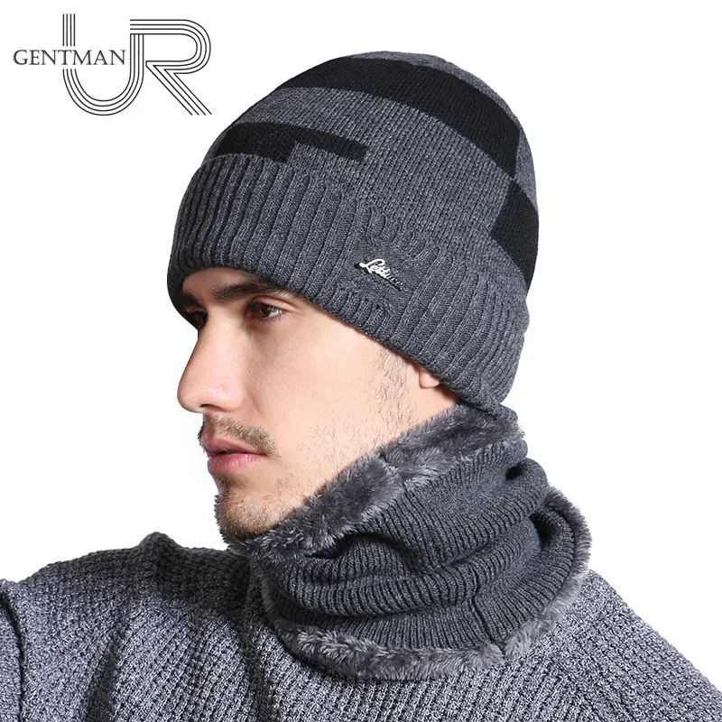 

New Plus Velvet Winter Hats For Men High Quality Beanie Scarf Set Male Warm Wool Thick Knitted Hat Splice Design Beanie For Men