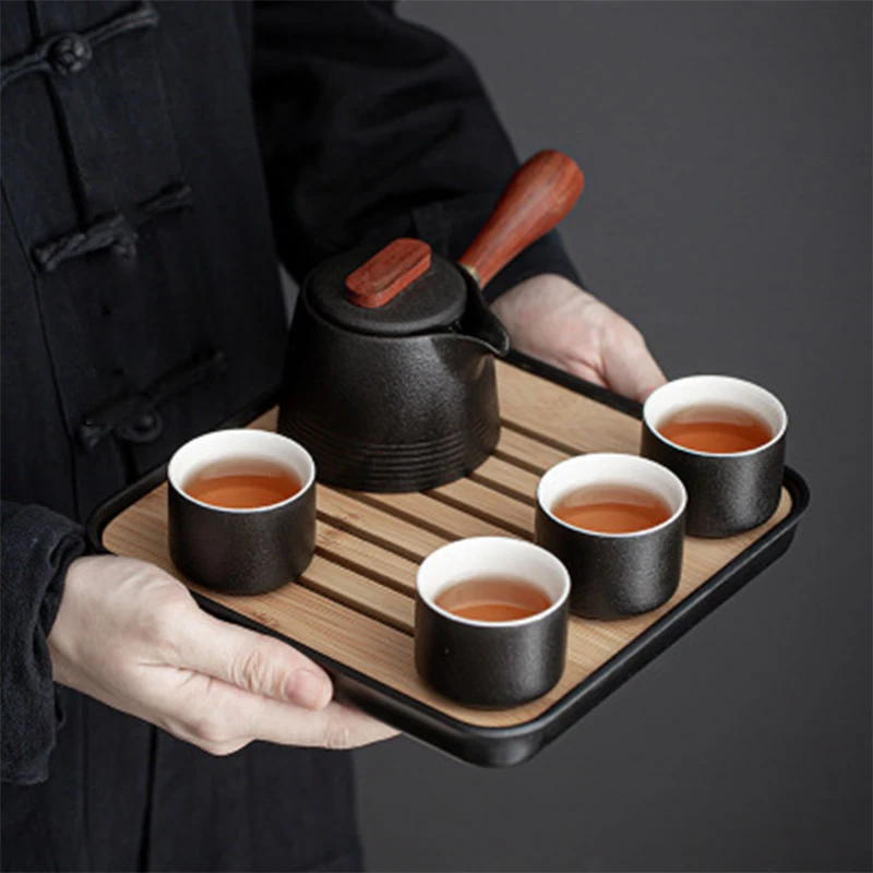 

Чайный сервиз из черной керамики, с боковой ручкой, горшок, один горшок, четыре чашки, домашний чайный сервиз, чайный набор кунг-фу, японский керамический чайный сервиз, деловой подарок
