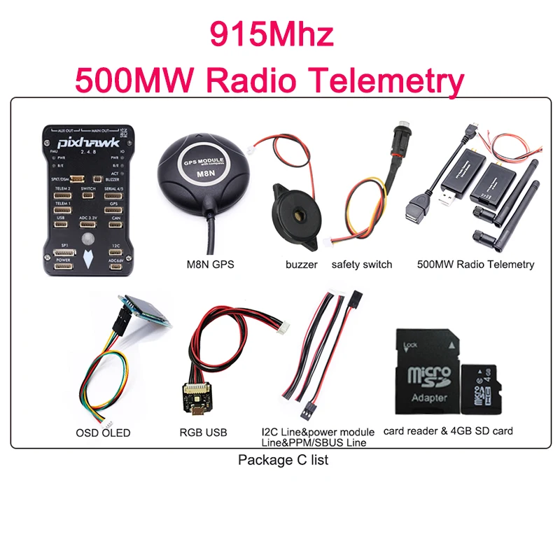 915Mhz PackageC Контроллер полета Pixhawk PX4 PIX 2.4.8 32 бит игровые Джойстики+ M8N gps+ 3DR 100/500 МВт радиотелеметрия 433 МГц/915 МГц+ цветная(RGB)+ серверный компьютером с экранным меню на органических светодиодах - Цвет: 915Mhz PackageC