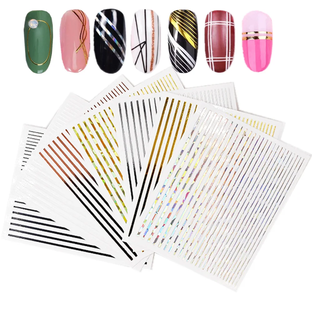 

7Pcs Nail Strip Stickers Set Black Rose Gold Silver Laser Metal Strip Tape Nail Art Adhesive DIY Foil Tips Nail Sticker Decals
