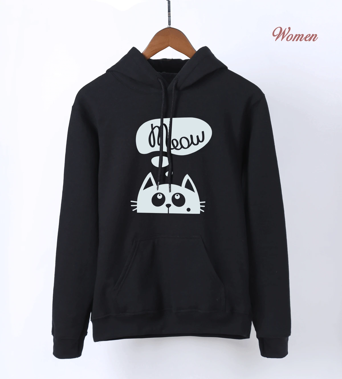 Черный Meow Kawaii толстовки с принтом кота для женщин весна осень женский спортивный костюм теплый флис черный белый серый розовый синий худи - Цвет: Черный
