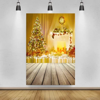 

Laeacco Fantasy Golden Christmas Tree Party Decro Curtain New Year Carpet Wooden Floor Photo Background Photo Backdrop Photocall