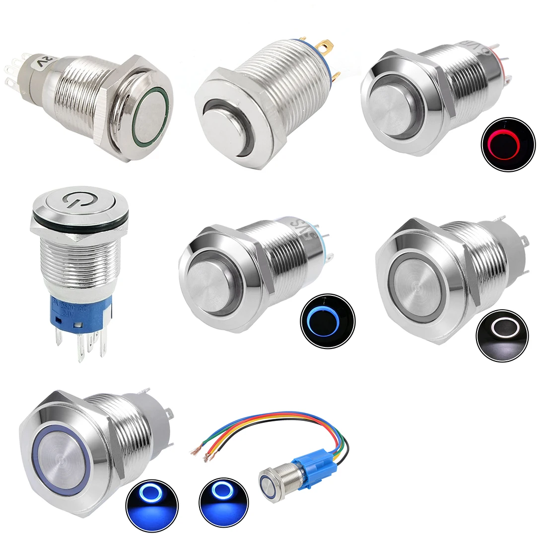 

uxcell 1pc Push Button Switch Latching/Momentary Metal 12mm 16mm Mounting Dia 1NO Red/Blue/White 3/5/6V LED Light