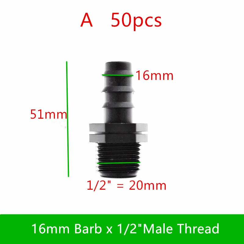 20-50PCS 1/2"3/4" Male x 16mm 20mm Barb Connector Male Adapter Poly Hose Barbed Fitting Dripline Tubing Fittings For LDPE Tube