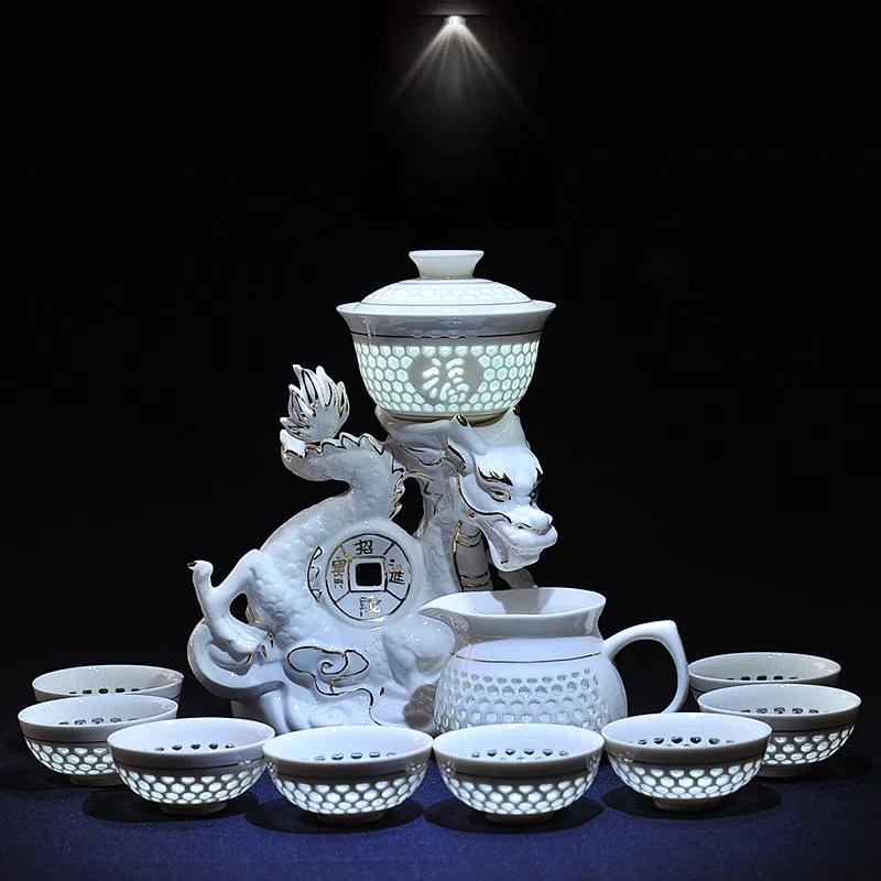

Chinese Semi Automatic Tea Set Drinkware Hollow Honeycomb Ceramic Porcelain Glass Dragon Eagle Kung Fu Tea Set Lazy Strainer Cup