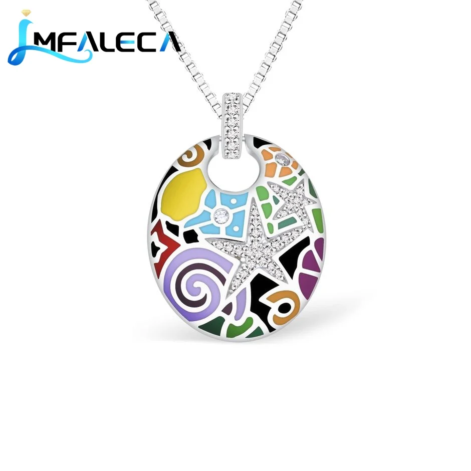 

LMFALECA Pure Multicolor Enamel 925 Silver Jewelry Necklace for Women Luxury Pattern Pendant Stone Box Chain Fine Party Gift