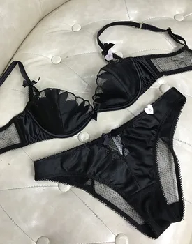 

Sexy lace push up lingerie with panties suit mesh thin cotton plus size black ladies bra set deep v women's underwear set