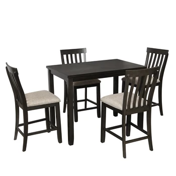 

5 Piece Counter Height Dining Set, Wood Dining Table and 4 Chairs with Upholstered Seat and Footrest Grey Wash Oak