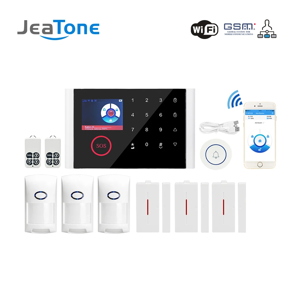 

Jeatone Wireless GSM Alarm System Home Security Burglar Alarm DIY Kit LCD Display Touch Screen Keyboard APP Control Android IOS