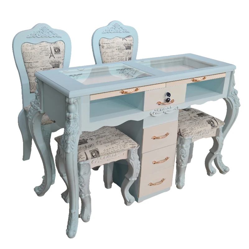 

European Retro Nail Tables & Chairs Cabinet Set Single Double HDF Plate Nail desk and stools Salon Furniture