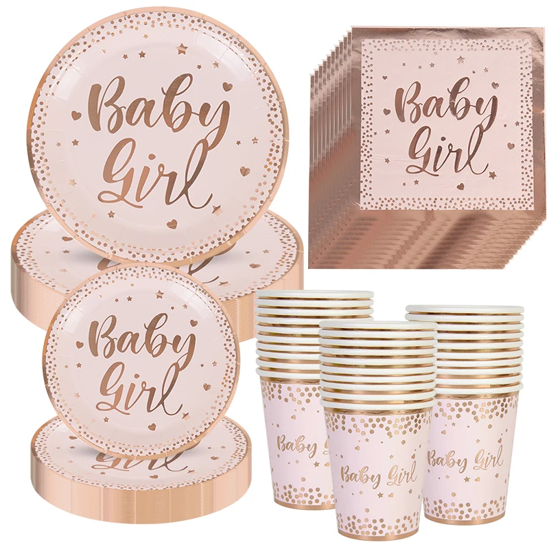 

New Baby Girl Rose Gold Tableware For Commemorating The Girl's First Birthday Party Decoration Baby Shower Disposable Dishes Cup