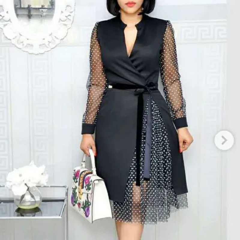 

Women Dress Patchwork Mesh Long Sleeves with Waist Belt Office Ladies Fashion Modest Female Navy Blue Black White Large Ladies